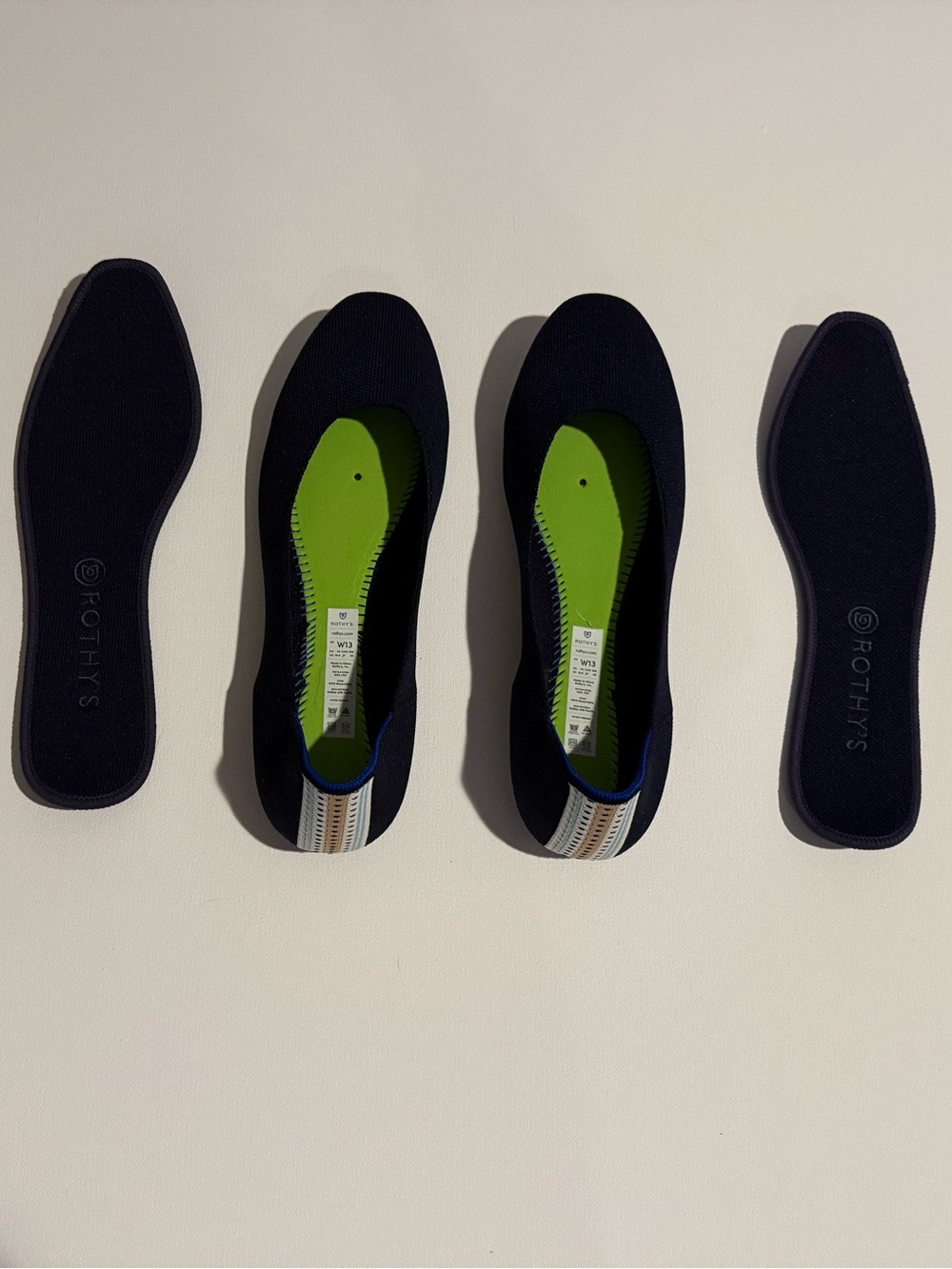 Rothy's Navy Knit Slip-On Flats with Lime Green Insoles Size 13